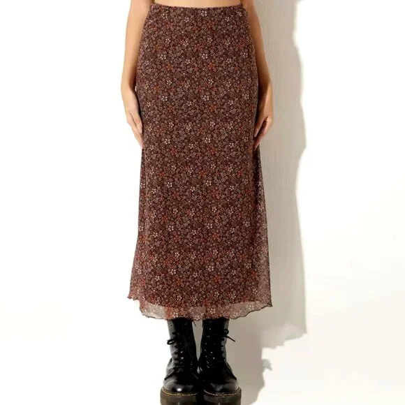 NEW Fairy Grunge Y2K Floral Mesh Midi Skirt Sz M Brown Stretch Pull-On 90s - Picture 2 of 7